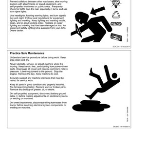 May include: A page from a safety manual titled "Safety." The text details the use of safety lights and devices, and safe maintenance procedures. Black and white illustrations depict a tractor and a person falling. The page also includes the number "05-5".