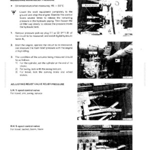 May include: Technical diagram with instructions for testing and adjusting a main relief valve. Includes steps for measuring pressure, with diagrams of hydraulic components and text instructions. The document is labeled "Testing and Adjusting Main Relief Valve."