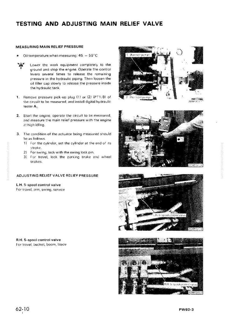 May include: Technical diagram with instructions for testing and adjusting a main relief valve. Includes steps for measuring pressure, with diagrams of hydraulic components and text instructions. The document is labeled "Testing and Adjusting Main Relief Valve."