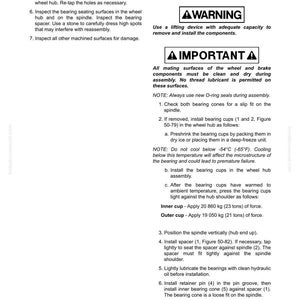 May include: A page from a manual detailing the disassembly and assembly of a wheel hub. The text includes warnings, important notes, and instructions for inspecting and installing components, with measurements in kilograms and tons.