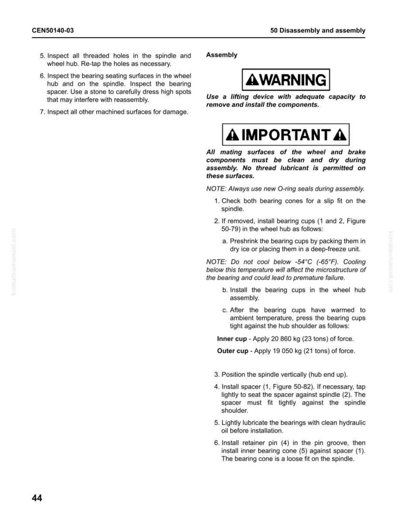 May include: A page from a manual detailing the disassembly and assembly of a wheel hub. The text includes warnings, important notes, and instructions for inspecting and installing components, with measurements in kilograms and tons.