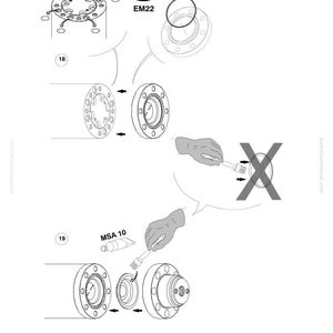 May include: Diagram of mechanical components with labels and instructions. Includes illustrations of circular parts, a container labeled "EM22", and a tube labeled "MSA 10". The image also features an "X" symbol.