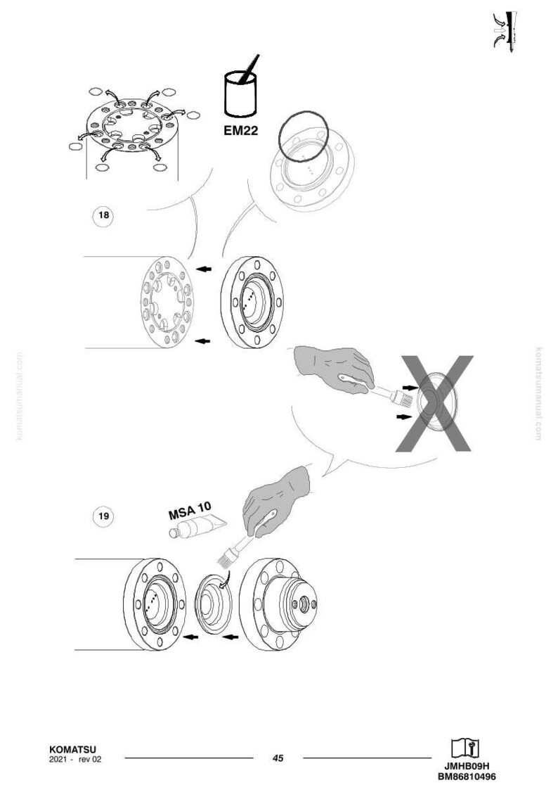 May include: Diagram of mechanical components with labels and instructions. Includes illustrations of circular parts, a container labeled "EM22", and a tube labeled "MSA 10". The image also features an "X" symbol.