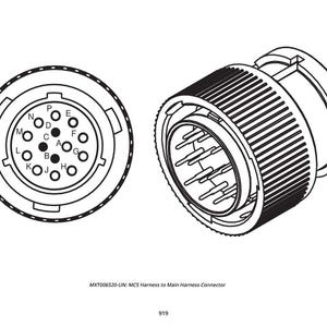 May include: Black and white line drawing of two circular electrical connectors. One connector shows pin locations labeled A through P. The other connector is shown in an angled view. The text "MXT006520-UN: MCS Harness to Main Harness Connector" is below the connectors.