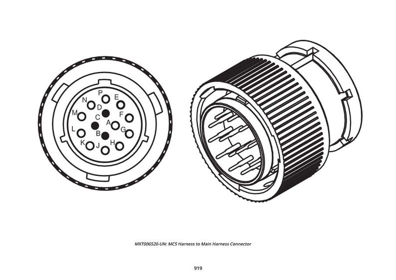 May include: Black and white line drawing of two circular electrical connectors. One connector shows pin locations labeled A through P. The other connector is shown in an angled view. The text "MXT006520-UN: MCS Harness to Main Harness Connector" is below the connectors.