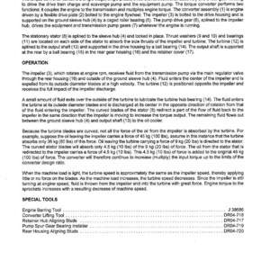 May include: Diagram of a torque converter, showing its parts and how it works. Text explains the single-stage, three-element assembly and lists special tools, including the Engine Barring Tool.