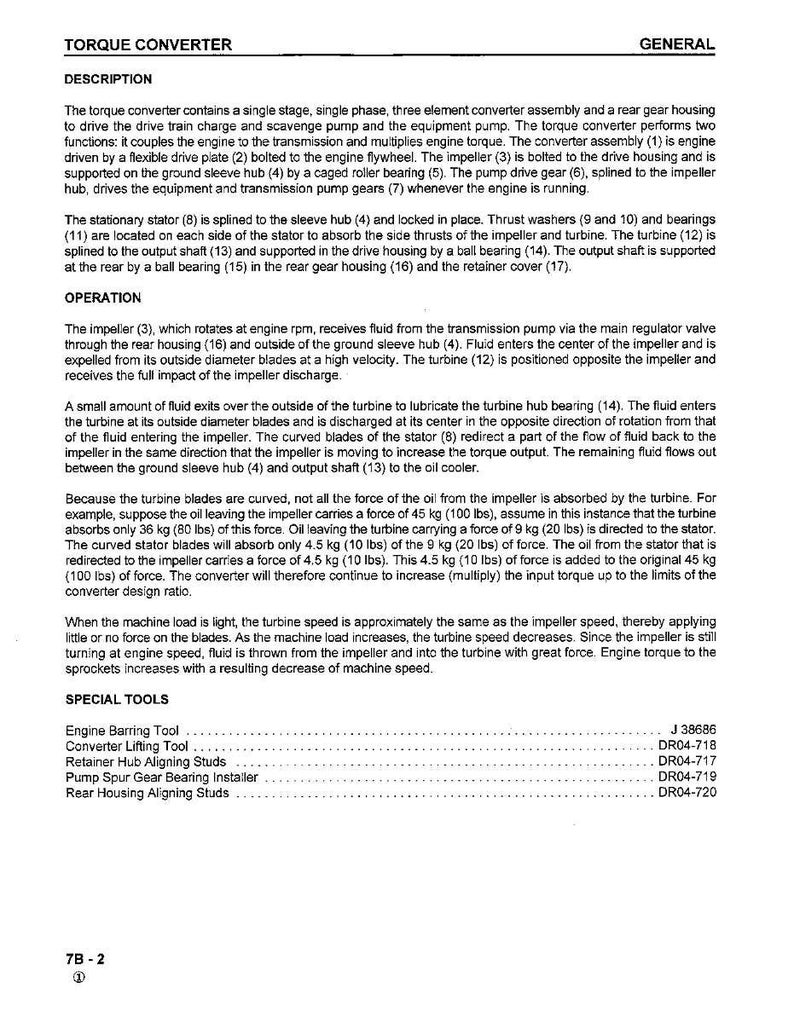 May include: Diagram of a torque converter, showing its parts and how it works. Text explains the single-stage, three-element assembly and lists special tools, including the Engine Barring Tool.