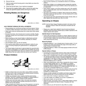 Puede incluir: Se muestran instrucciones de seguridad para cortac&eacute;spedes. La imagen incluye advertencias sobre cuchillas giratorias y funcionamiento en pendientes. Se enfatiza la importancia de proteger a los ni&ntilde;os y se proporcionan pautas para un funcionamiento seguro, incluida la medici&oacute;n de pendientes y la evitaci&oacute;n de peligros.
