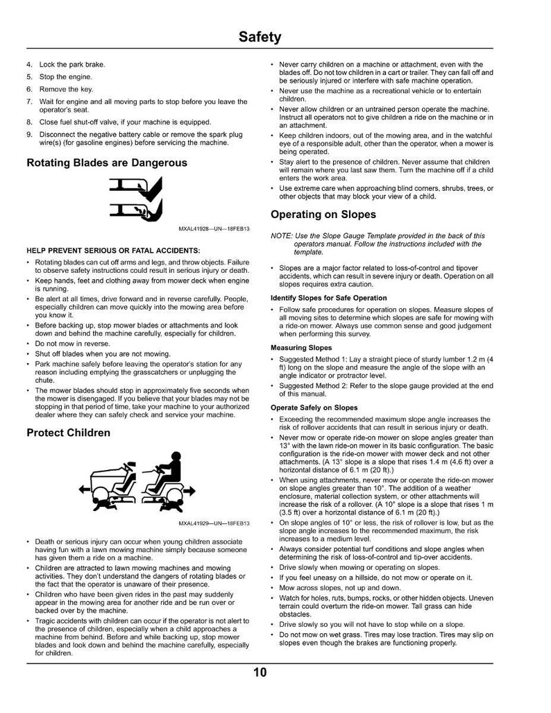 Puede incluir: Se muestran instrucciones de seguridad para cortac&eacute;spedes. La imagen incluye advertencias sobre cuchillas giratorias y funcionamiento en pendientes. Se enfatiza la importancia de proteger a los ni&ntilde;os y se proporcionan pautas para un funcionamiento seguro, incluida la medici&oacute;n de pendientes y la evitaci&oacute;n de peligros.