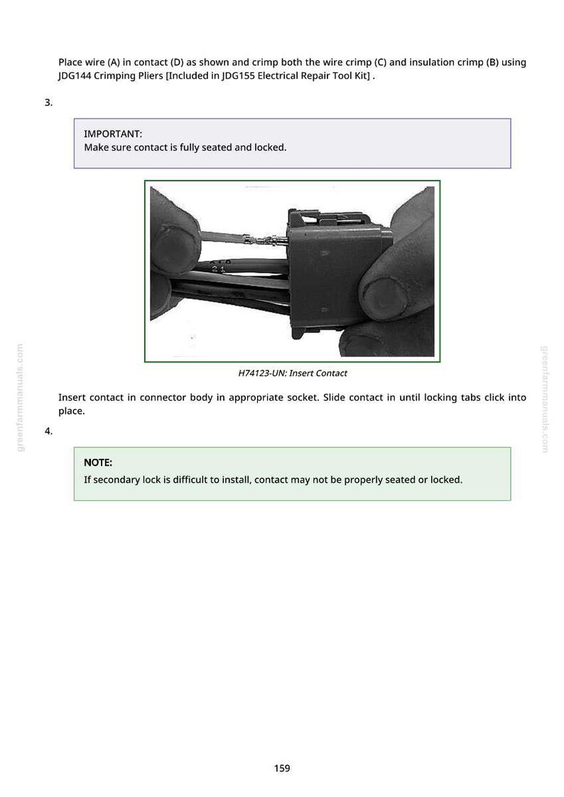May include: Close-up of a black electrical connector with wires being inserted. The image is part of a manual, with text instructions and the label "H74123-UN: Insert Contact".