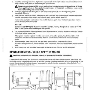May include: Technical diagram showing spindle removal from a truck. The image includes detailed instructions, diagrams, and warnings about applying force and heat. Measurements are provided in kgf and lb.