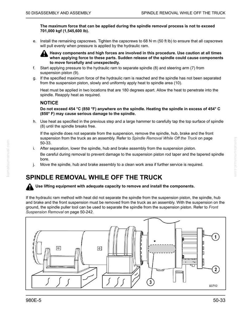 May include: Technical diagram showing spindle removal from a truck. The image includes detailed instructions, diagrams, and warnings about applying force and heat. Measurements are provided in kgf and lb.