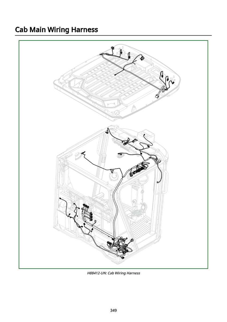 May include: Diagram of a cab main wiring harness. The image shows two detailed line drawings of the wiring harness, one from above and one from the side, with the text "Cab Main Wiring Harness" at the top.