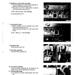 Może przedstawiać: Strona z instrukcji zatytułowana &bdquo;Demontaż i montaż&rdquo; z instrukcjami dla głowicy cylindr&oacute;w. Tekst zawiera kroki dotyczące instalacji węży, rur i zespoł&oacute;w, z pomiarami w kgm. Strona zawiera schematy i numery części.