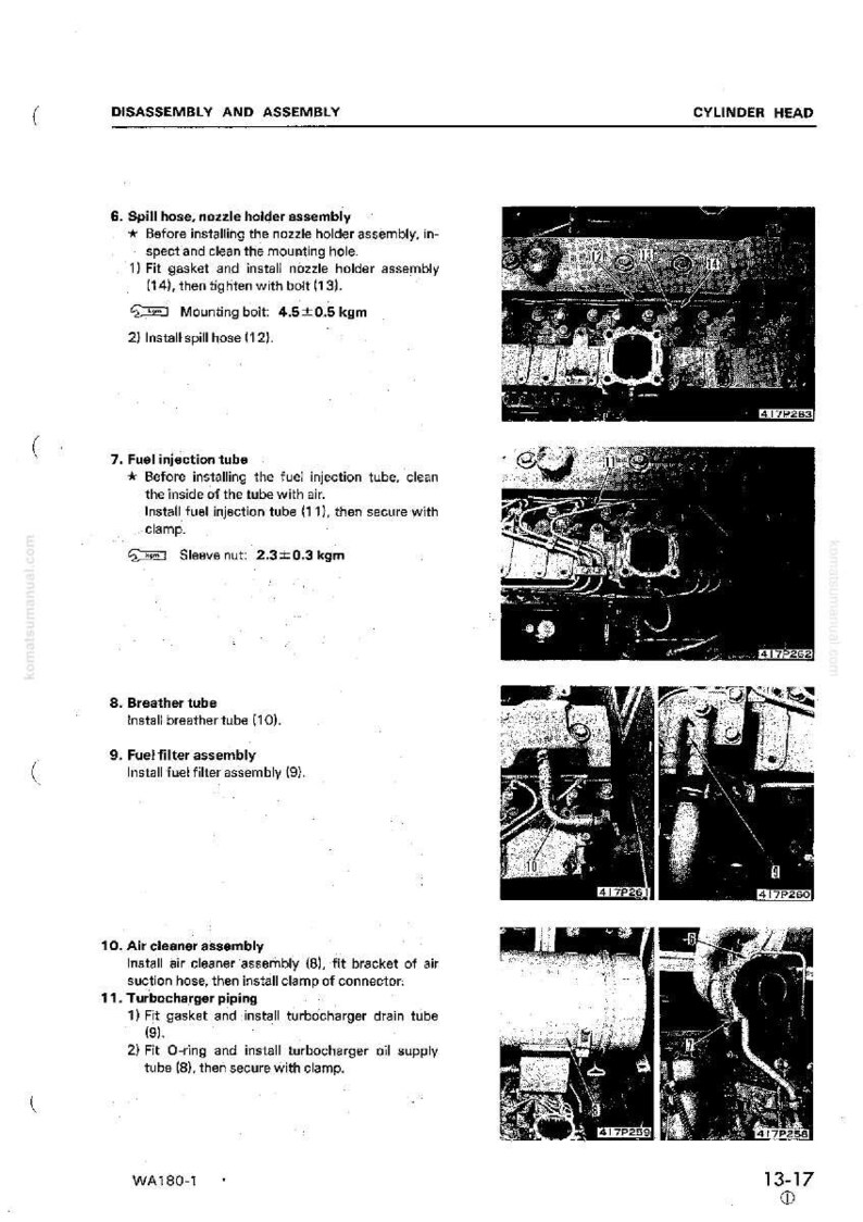 Może przedstawiać: Strona z instrukcji zatytułowana &bdquo;Demontaż i montaż&rdquo; z instrukcjami dla głowicy cylindr&oacute;w. Tekst zawiera kroki dotyczące instalacji węży, rur i zespoł&oacute;w, z pomiarami w kgm. Strona zawiera schematy i numery części.