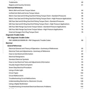 May include: A detailed table of contents from a manual, featuring various technical references and diagnostic trouble codes. The text is black on a white background, with page numbers on the right. The manual covers topics like electrical systems and troubleshooting.