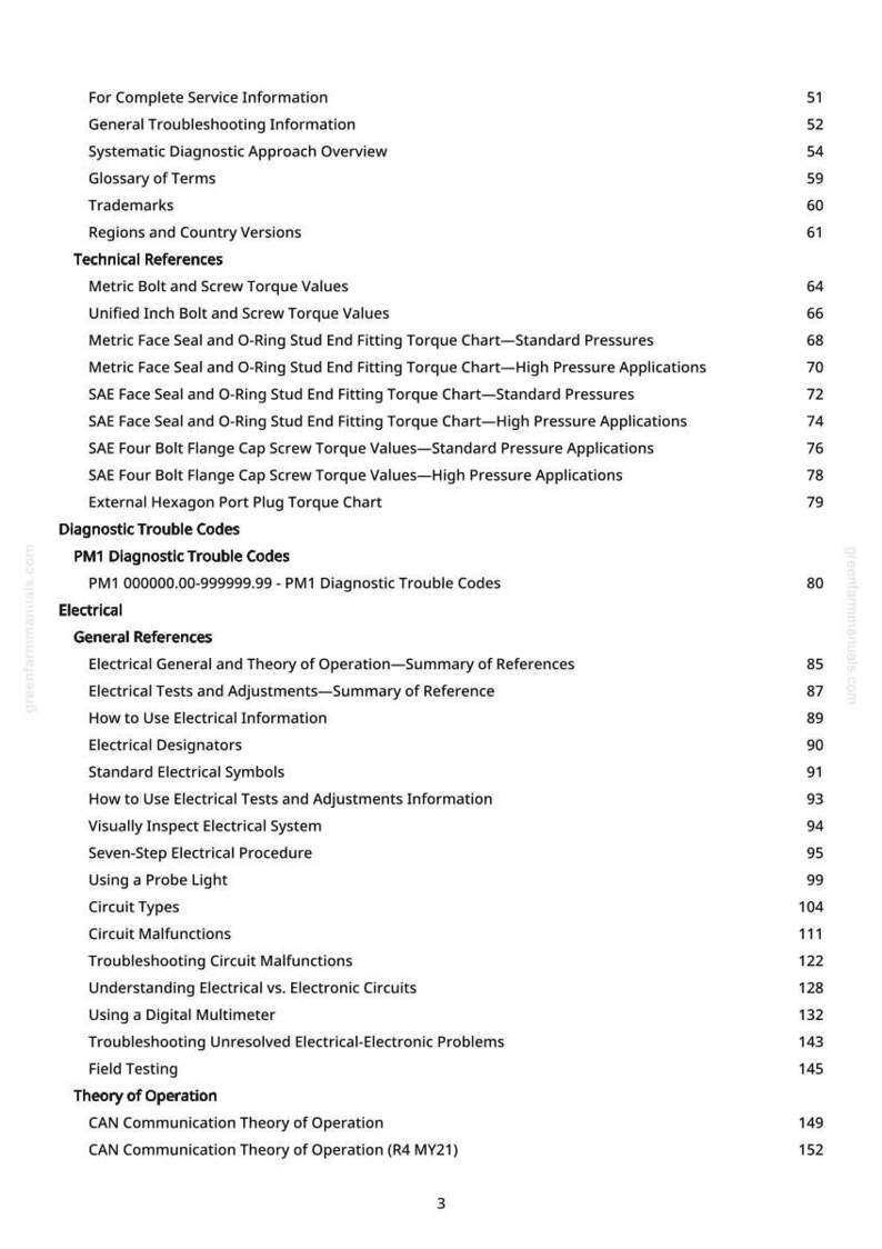 May include: A detailed table of contents from a manual, featuring various technical references and diagnostic trouble codes. The text is black on a white background, with page numbers on the right. The manual covers topics like electrical systems and troubleshooting.