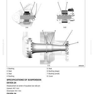 Puede incluir: Diagrama t&eacute;cnico de un sistema de suspensi&oacute;n, que muestra vistas seccionales y componentes etiquetados como casquillos y sellos. Incluye especificaciones para D51EX-24 y D51PX-24, con medidas en mil&iacute;metros.