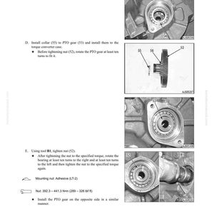 Op de afbeelding: Diagram van de demontage- en montage-instructies van de aandrijflijn. Bevat afbeeldingen van PTO-tandwielcomponenten, waaronder een lager, kraag en moer. Tekstdetails over installatie- en aandraaistappen, met koppel specificaties in N&middot;m.