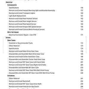 Peut inclure: Page d'un manuel technique pr&eacute;sentant une table des mati&egrave;res pour la r&eacute;paration de vis sans fin, les composants &eacute;lectriques, les bo&icirc;tiers d'engrenages et autres syst&egrave;mes m&eacute;caniques. Texte noir sur fond blanc, num&eacute;ros de page &agrave; droite.