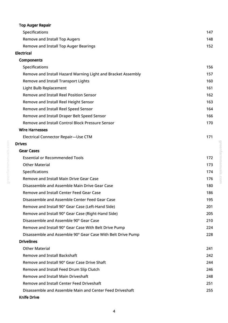 Peut inclure: Page d'un manuel technique pr&eacute;sentant une table des mati&egrave;res pour la r&eacute;paration de vis sans fin, les composants &eacute;lectriques, les bo&icirc;tiers d'engrenages et autres syst&egrave;mes m&eacute;caniques. Texte noir sur fond blanc, num&eacute;ros de page &agrave; droite.