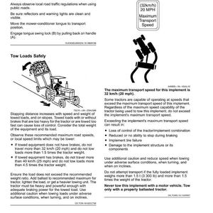 May include: A safety manual page with text and diagrams. It advises on observing maximum transport speed, which is 20 MPH (32 km/h). It also covers towing safety, including speed limits and weight ratios for towed equipment.
