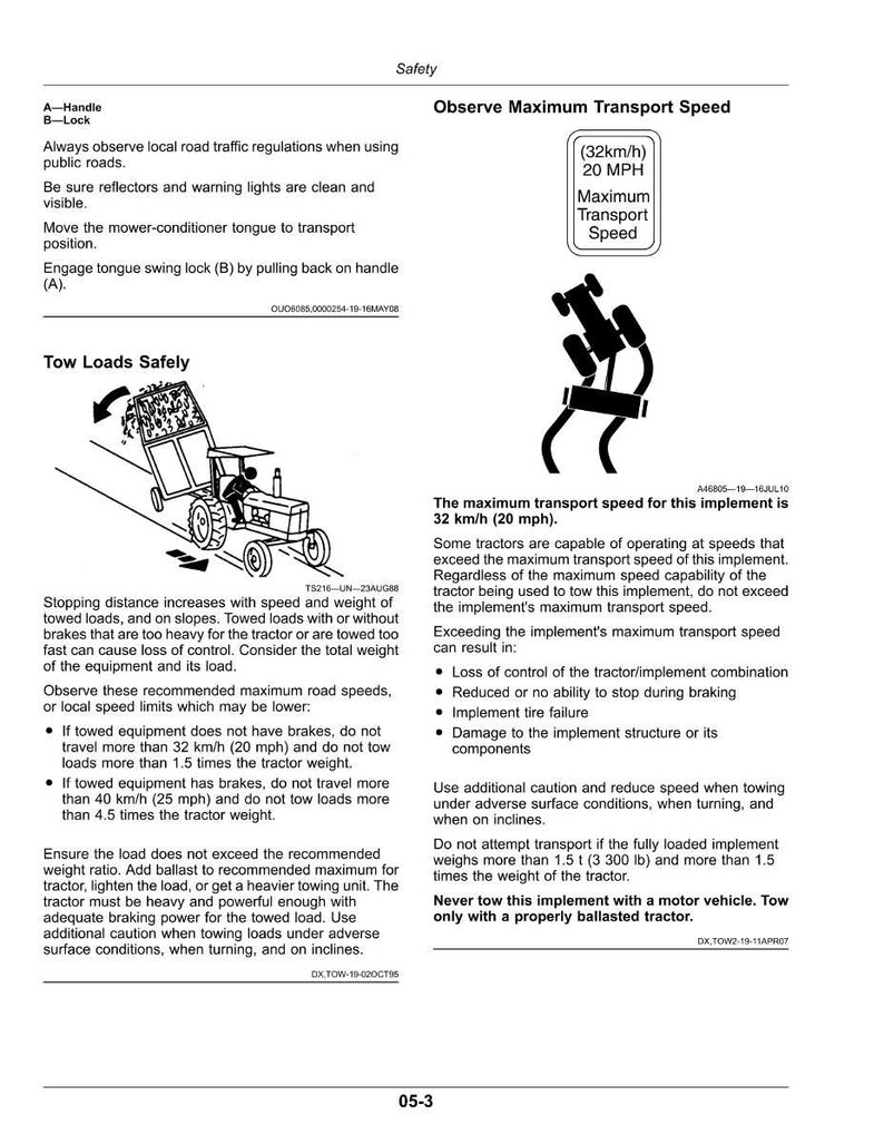 May include: A safety manual page with text and diagrams. It advises on observing maximum transport speed, which is 20 MPH (32 km/h). It also covers towing safety, including speed limits and weight ratios for towed equipment.