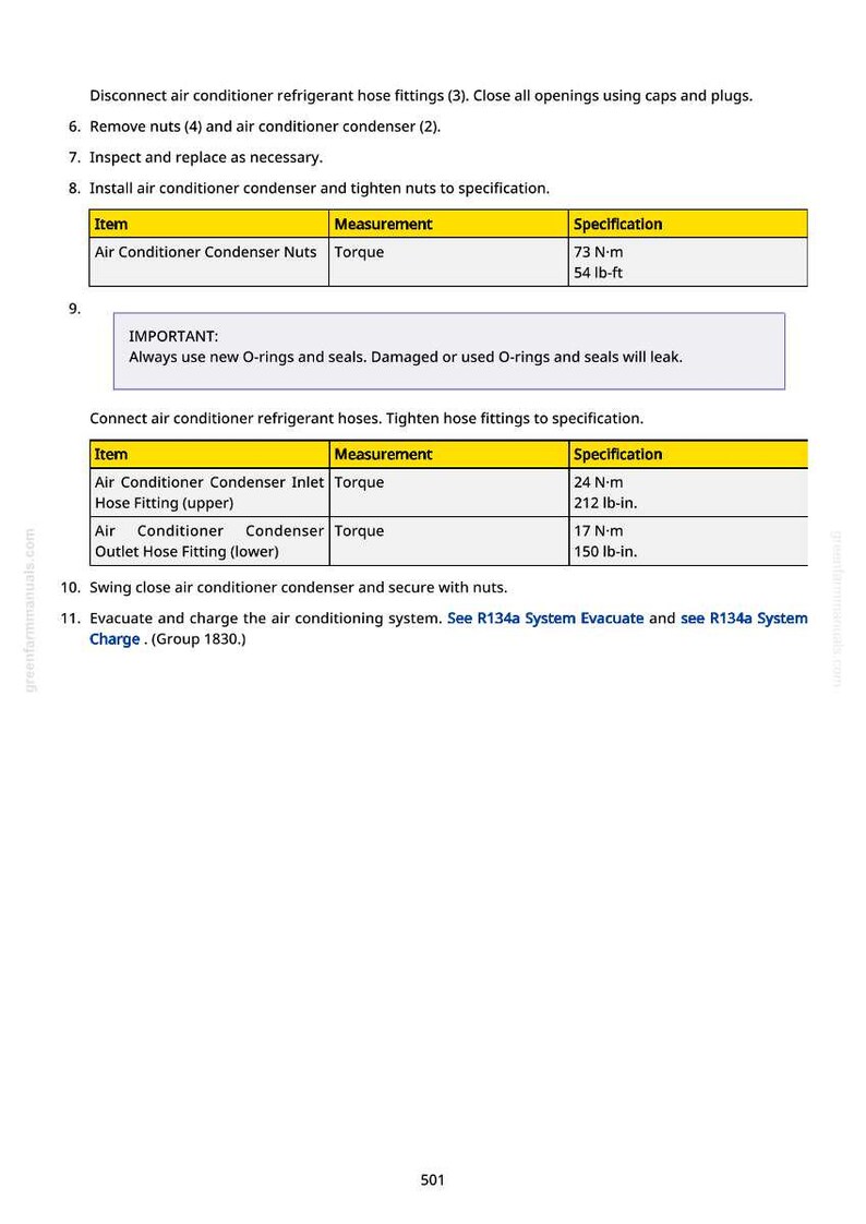 Puede incluir: Una p&aacute;gina de un manual de reparaci&oacute;n con instrucciones para el mantenimiento del sistema de aire acondicionado. Incluye especificaciones de par en N-m y lb-in para varios componentes como tuercas del condensador y conexiones de mangueras. Texto en blanco y negro.