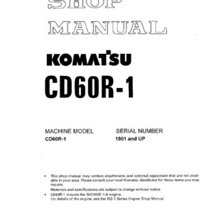 Op de afbeelding: Een witte werkplaatshandleiding met de tekst "SHOP MANUAL" en "KOMATSU CD60R-1" in vette zwarte letters. De handleiding bevat het machinemodel CD60R-1 en serienummer 1801 en hoger.
