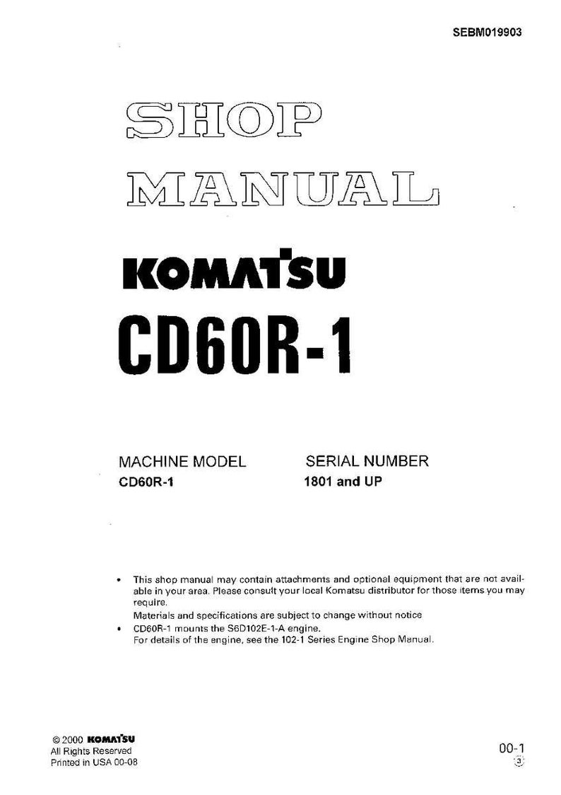 Op de afbeelding: Een witte werkplaatshandleiding met de tekst "SHOP MANUAL" en "KOMATSU CD60R-1" in vette zwarte letters. De handleiding bevat het machinemodel CD60R-1 en serienummer 1801 en hoger.