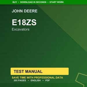 Może przedstawiać: Zielona i ż&oacute;łta okładka instrukcji testowej John Deere E18ZS Excavators. Tekst zawiera "TEST MANUAL", "SAVE TIME WITH PROFESSIONAL DATA", "205 PAGES", "ENGLISH" i "PDF". Tło to gradient zieleni.