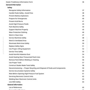 Puede incluir: Una p&aacute;gina blanca de un manual, titulada "Tabla de Contenidos". Enumera temas de seguridad como "Manejar fluidos de forma segura" y "Prevenir explosiones de bater&iacute;as". Los n&uacute;meros de p&aacute;gina est&aacute;n a la derecha.