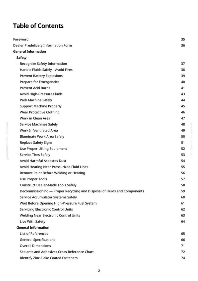 Puede incluir: Una p&aacute;gina blanca de un manual, titulada "Tabla de Contenidos". Enumera temas de seguridad como "Manejar fluidos de forma segura" y "Prevenir explosiones de bater&iacute;as". Los n&uacute;meros de p&aacute;gina est&aacute;n a la derecha.
