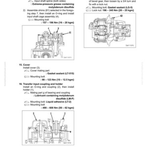 May include: Diagram of a mechanical assembly with detailed illustrations and labels. Includes sections on transfer input shaft, bevel gear, and cover installation. Text includes torque specifications in Newton-meters and kilogram-meters.