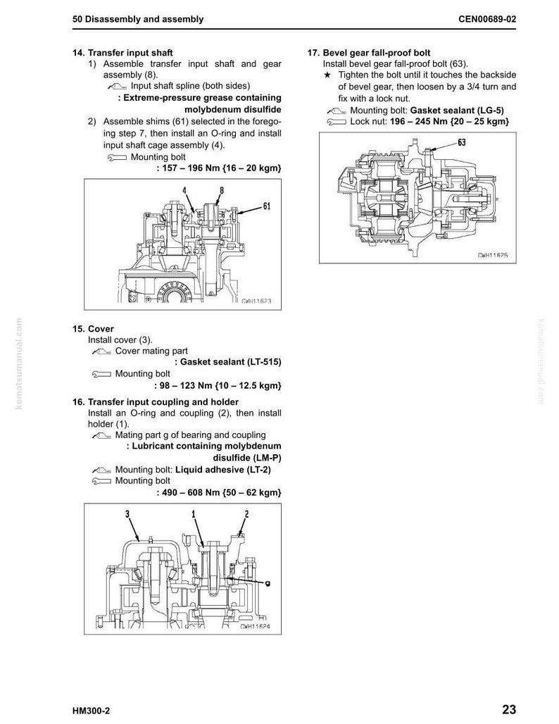 May include: Diagram of a mechanical assembly with detailed illustrations and labels. Includes sections on transfer input shaft, bevel gear, and cover installation. Text includes torque specifications in Newton-meters and kilogram-meters.