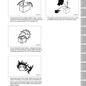 May include: A manual page with battery safety advice. Diagrams illustrate precautions against sparks, acid, and explosions. Text provides warnings about battery handling, including temperature guidelines.