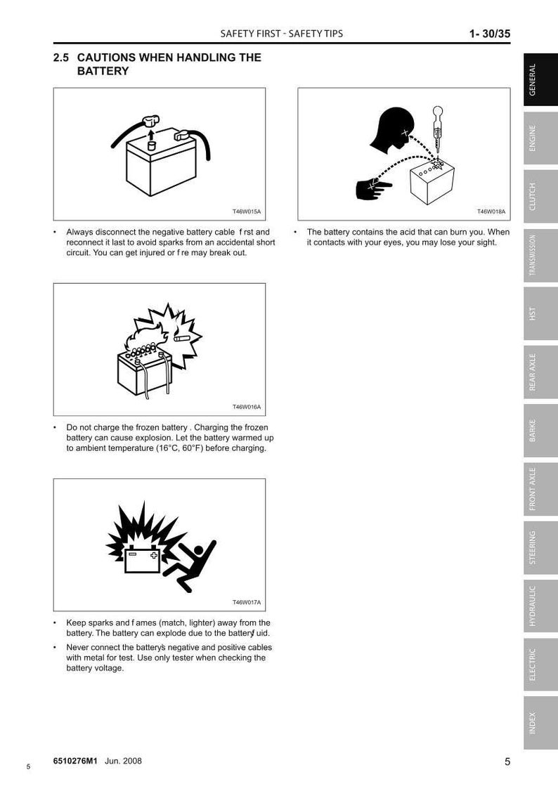 May include: A manual page with battery safety advice. Diagrams illustrate precautions against sparks, acid, and explosions. Text provides warnings about battery handling, including temperature guidelines.