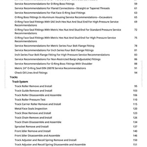 May include: A page from a manual with a table of contents. The text includes "Torque Values," "Tracks," and "Axles and Suspension Systems." The page also lists service recommendations and track system procedures.