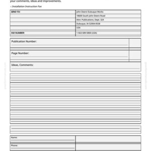 May include: A white form titled "Technical Information Feedback Form" with text fields for comments and contact information. The form includes the John Deere Dubuque Works address and a fax number. The page number is 9.