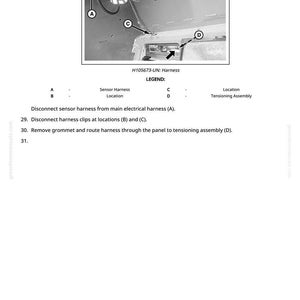 May include: Diagram of a harness with labels A, B, C, and D, and the text "H105673-UN: Harness." The diagram includes instructions to disconnect the sensor harness and remove the grommet.