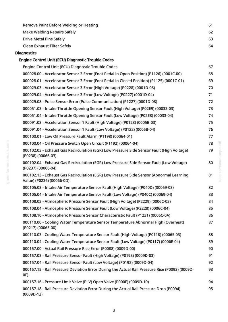 May include: A white page with a list of engine control unit (ECU) diagnostic trouble codes. The codes are organized numerically and include descriptions such as "Accelerator Sensor 3 Error" and "Intake Air Temperature Sensor Fault."
