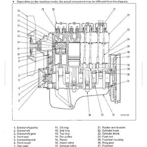 May include: Detailed diagram of an engine's internal components, labeled with numbers and names. The image shows a cross-section view, highlighting parts like the crankshaft, piston, and valves. Text at the top reads "Structure and Function" and "General Structure".