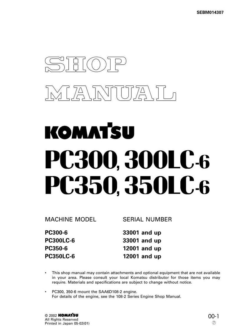 Może przedstawiać: Biała instrukcja warsztatowa z logo Komatsu i numerami modeli PC300, 300LC-6, PC350 i 350LC-6. Instrukcja zawiera informacje o modelu maszyny i numerze seryjnym. Tekst "SHOP MANUAL" znajduje się na g&oacute;rze.