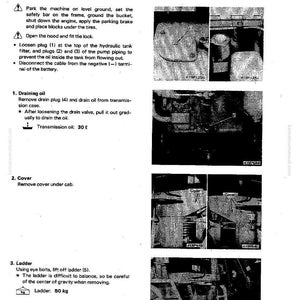 May include: A page from a manual detailing disassembly and assembly procedures. The text includes instructions for draining oil, removing a cover, and removing a ladder. The ladder weighs 110 pounds.