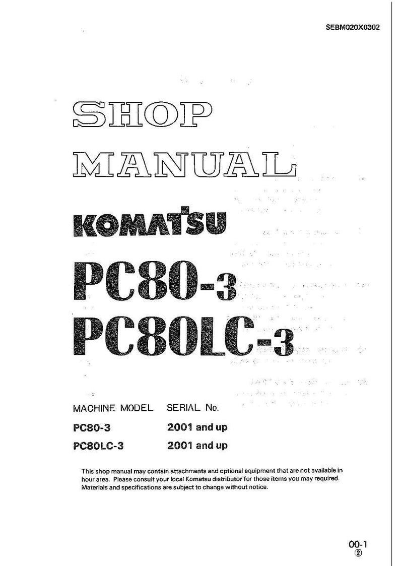 May include: A shop manual for Komatsu PC80-3 and PC80LC-3 models. The document includes the Komatsu logo and the text "SHOP MANUAL" in large, bold letters. The manual covers models from 2001 and up.