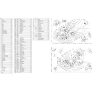 May include: A detailed technical diagram with multiple sections. The left side features several columns of text, likely a parts list or specifications. The right side displays several exploded diagrams of mechanical components, with lines indicating connections.