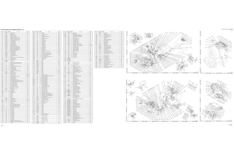 May include: A detailed technical diagram with multiple sections. The left side features several columns of text, likely a parts list or specifications. The right side displays several exploded diagrams of mechanical components, with lines indicating connections.