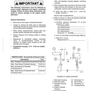 May include: A technical diagram with instructions for engine/alternator mating, including measurements and procedures. The diagram includes a warning, general instructions, and service data with measurements in millimeters and inches. Figure 4-4 illustrates shim locations.