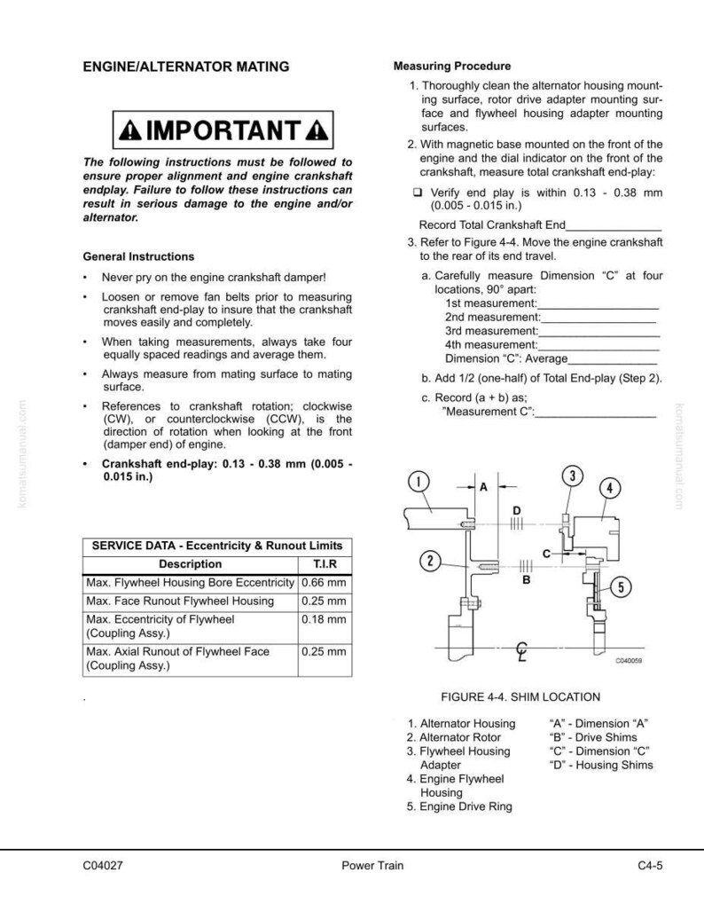 May include: A technical diagram with instructions for engine/alternator mating, including measurements and procedures. The diagram includes a warning, general instructions, and service data with measurements in millimeters and inches. Figure 4-4 illustrates shim locations.