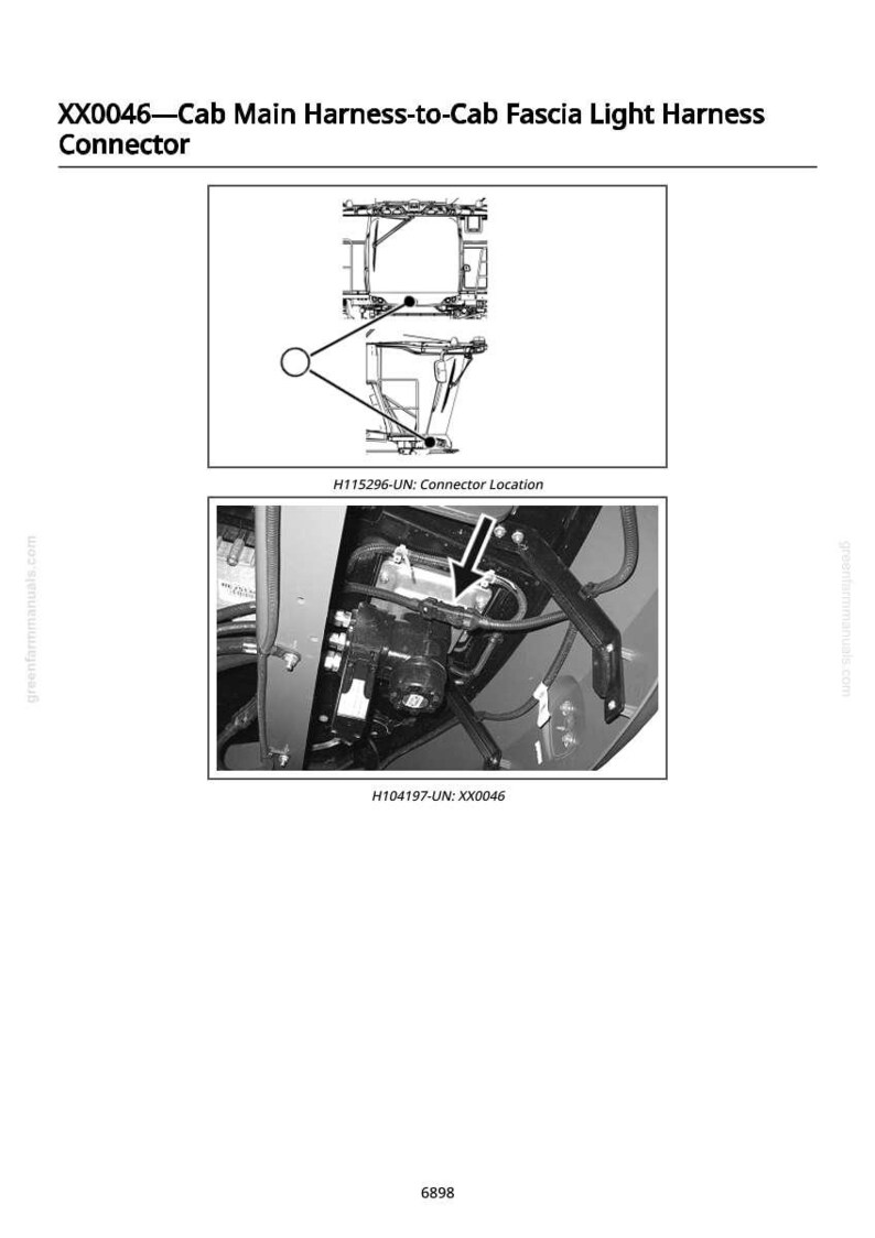 Pu&ograve; includere: Diagramma e fotografia di un connettore del cablaggio principale della cabina al cablaggio della luce della fascia della cabina. Il diagramma mostra la posizione del connettore e la fotografia mostra il connettore stesso. Il testo include "XX0046" e "H104197-UN: XX0046".
